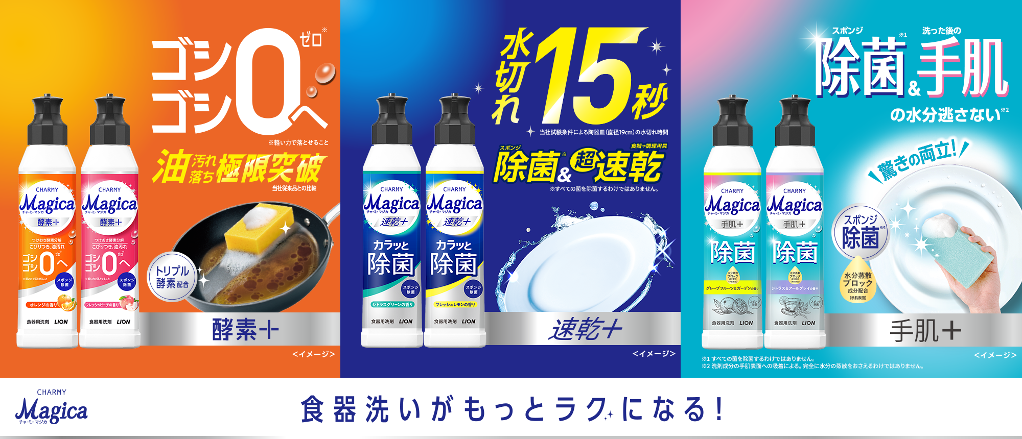 酵素+ ゴシゴシ0へ 油汚れ落ち極限突破、速乾+ 水切れ15秒 スポンジ除菌&超速乾、手肌+ スポンジ除菌&洗った後の手肌の水分逃さない