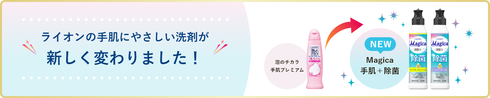 ライオンの手肌にやさしい洗剤が新しく変わりました！ 泡のチカラ 手肌プレミアム → NEW Magica 手肌＋除菌